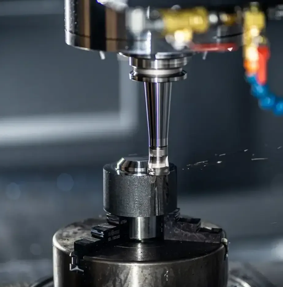 Fräswerkzeug einer CNC-Fräsmaschine bei der Bearbeitung eines Metallbauteils